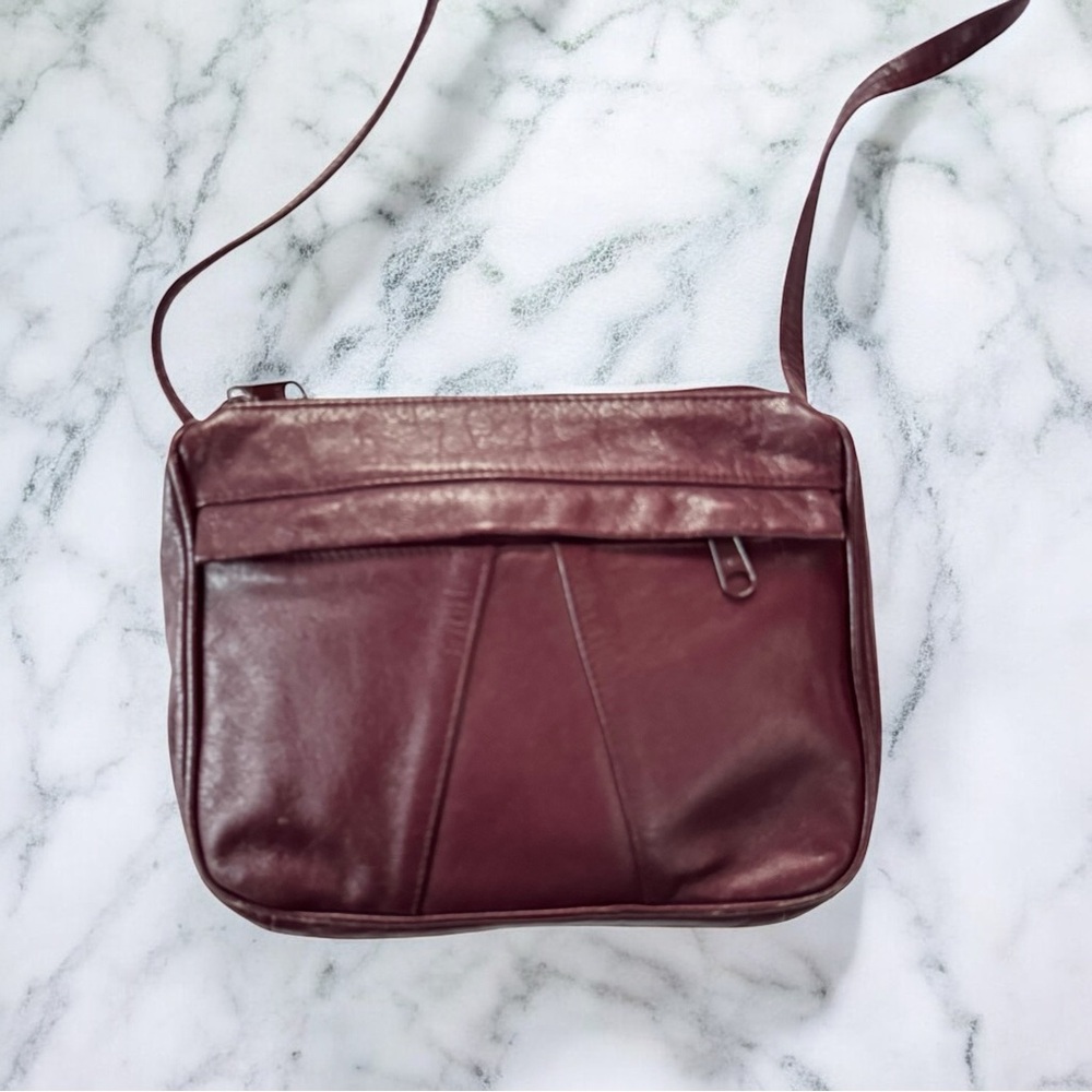 Vintage 90s Leather Crossbody Purse Burgundy Minimalist Structured Small Bag